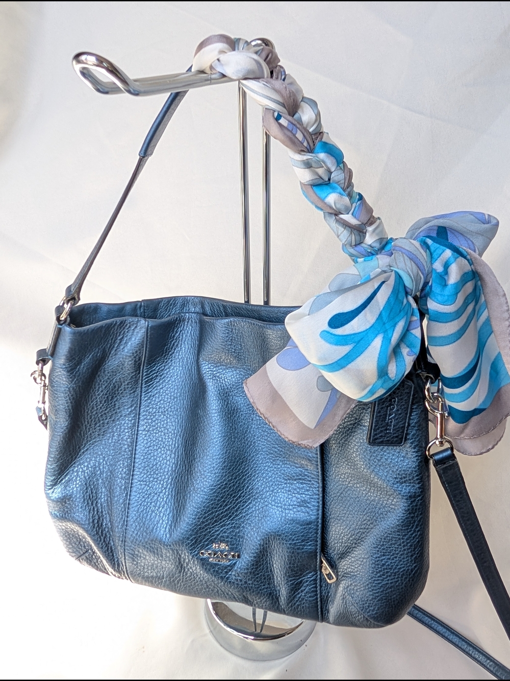 Coach Isabelle East/West Blue Pebbled Leather Hobo Shoulder Bag